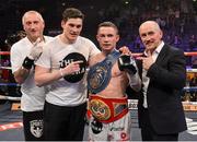 9 February 2013; Carl Frampton, Belfast, celebrates after knocking out Kiko Martinez, Spain, with manager Barry McGuigan, right, trainer Gerry Storey, left, and Shane McGuigan, to win European Super Bantamweight Championship and IBF Inter-Continental Super Bantamweight contest. Betfair's Unfinished Business Fight Night, Odyssey Arena, Belfast, Co. Antrim. Photo by Sportsfile