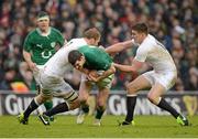 10 February 2013; Jonathan Sexton, Ireland, is disposessed by Chris Robshaw, left, and Owen Farrell, England. RBS Six Nations Rugby Championship, Ireland v England, Aviva Stadium, Lansdowne Road, Dublin. Picture credit: Brendan Moran / SPORTSFILE