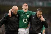 10 February 2013; Jonathan Sexton, Ireland, is led from the pitch by team doctor Dr. Eanna Falvey and team physio James Allen after picking up an injury. RBS Six Nations Rugby Championship, Ireland v England, Aviva Stadium, Lansdowne Road, Dublin. Picture credit: Brendan Moran / SPORTSFILE