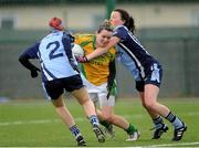 10 February 2013; Eilish Ward, Donegal, in action against Rachel Byrne, 2, and Leah Caffrey, Dublin. TESCO HomeGrown Ladies National Football League, Division 1, Round 2, Chanel College, Coolock, Dublin. Picture credit: Pat Murphy / SPORTSFILE