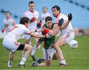 10 February 2013; Lee Keegan, Mayo, in action against Ronan McNamee, left, and Joe McMahon, Tyrone. Allianz Football League, Division 1, Mayo v Tyrone, Elverys MacHale Park, Castlebar, Co. Mayo. Picture credit: Brian Lawless / SPORTSFILE