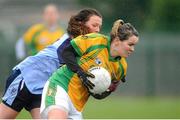 10 February 2013; Geraldine McLaughlin, Donegal, in action against Leah Caffrey, Dublin. TESCO HomeGrown Ladies National Football League, Division 1, Round 2, Chanel College, Coolock, Dublin. Picture credit: Pat Murphy / SPORTSFILE