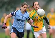 10 February 2013; Noelle Healy, Dublin, in action against Trese McCafferty, Donegal. TESCO HomeGrown Ladies National Football League, Division 1, Round 2, Chanel College, Coolock, Dublin. Picture credit: Pat Murphy / SPORTSFILE