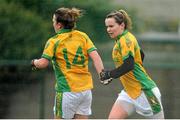 10 February 2013; Geraldine McLoughlin, right, Donegal, celebrates her first goal with team-mate Eilish Ward. TESCO HomeGrown Ladies National Football League, Division 1, Round 2, Chanel College, Coolock, Dublin. Picture credit: Pat Murphy / SPORTSFILE