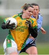 10 February 2013; Geraldine McLoughlin, Donegal, in action against Leah Caffrey, Dublin. TESCO HomeGrown Ladies National Football League, Division 1, Round 2, Chanel College, Coolock, Dublin. Picture credit: Pat Murphy / SPORTSFILE