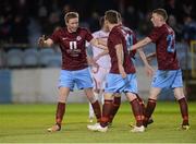 11 February 2013; Paul O'Connor, left, Drogheda United, celebrates after scoring his side's second goal with team-mates Gary O'Neill and Eric Foley, right. Setanta Sports Cup, Preliminary Round, First Leg, Drogheda United v Portadown, Hunky Dory Park, Drogheda, Co. Louth. Photo by Sportsfile