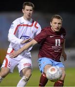 11 February 2013; Gary O'Neill, Drogheda United, in action against Gary Breen, Portadown. Setanta Sports Cup, Preliminary Round, First Leg, Drogheda United v Portadown, Hunky Dory Park, Drogheda, Co. Louth. Photo by Sportsfile