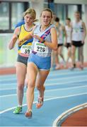 10 February 2013; Meghan Ryan, Dundrum South Dublin A.C., leads Rachel Gibson, North Down A.C, on her way to winning the Junior Womens 1500m event. Woodie’s DIY AAI Junior & Under 23 Indoor Championships 2013, Athlone Institute of Technology Arena, Athlone, Co. Westmeath. Picture credit: Tomas Greally / SPORTSFILE