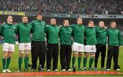 10 February 2013; Ireland players, from left, Craig Gilroy, Sean O'Brien, Donncha O'Callaghan, Dave Kilcoyne, Sean Cronin, Chris Henry, Declan Fitzpatrick, Keith Earls and Ronan O'Gara stand for the National Anthems before the game. RBS Six Nations Rugby Championship, Ireland v England, Aviva Stadium, Lansdowne Road, Dublin. Picture credit: Brendan Moran / SPORTSFILE