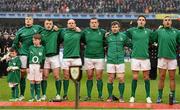 10 February 2013; Ireland players, from left, Jamie Heaslip, Cian Healy, Rory Best, Mike Ross, Gordon D'Arcy, Conor Murray and Simo Zebo stand for the National Anthems before the game. RBS Six Nations Rugby Championship, Ireland v England, Aviva Stadium, Lansdowne Road, Dublin. Picture credit: Brendan Moran / SPORTSFILE
