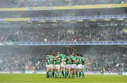 10 February 2013; The Ireland team gather together in a huddle before the game. RBS Six Nations Rugby Championship, Ireland v England, Aviva Stadium, Lansdowne Road, Dublin. Picture credit: Brendan Moran / SPORTSFILE