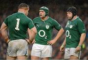 10 February 2013; The Ireland front row of Cian Healy, left, Rory Best, centre, and Mike Ross. RBS Six Nations Rugby Championship, Ireland v England, Aviva Stadium, Lansdowne Road, Dublin. Picture credit: Brendan Moran / SPORTSFILE