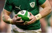 10 February 2013; A rugby ball in an Irish players hands. RBS Six Nations Rugby Championship, Ireland v England, Aviva Stadium, Lansdowne Road, Dublin. Picture credit: Brendan Moran / SPORTSFILE