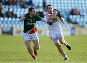 10 February 2013; Mark Donnelly, Tyrone, in action against Keith Higgins, Mayo. Allianz Football League, Division 1, Mayo v Tyrone, Elverys MacHale Park, Castlebar, Co. Mayo. Picture credit: Brian Lawless / SPORTSFILE