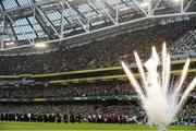 10 February 2013; General view of the fireworks before the start of the game. RBS Six Nations Rugby Championship, Ireland v England, Aviva Stadium, Lansdowne Road, Dublin. Picture credit: David Maher / SPORTSFILE