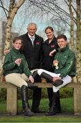 15 February 2013; HSI today announced that Gain horse Feeds will be official consultants to Team Ireland Equestrian teams. In addition Glanbia and Gain will be official sponsors to Team Ireland Equestrian underage showjumping and eventing teams. Pictured at the announcement are from left, Katie Nolan, Young rider Eventing Team Ireland Silver medalist, Henry Corbally, Vice Chairman of Glanbia PLC, Mary Delaney, Sales Manager Gain Feeds, and Max O'Reilly-Hyland, Junior rider Eventing Team Ireland Gold medalist. Gain Horse Feeds Announced as Official Feed Supplier of Team Ireland Equestrian, Horse Sport Ireland Offices, Osberstown, Naas, Co. Kildare. Picture credit: Barry Cregg / SPORTSFILE