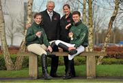 15 February 2013; HSI today announced that Gain horse Feeds will be official consultants to Team Ireland Equestrian teams. In addition Glanbia and Gain will be official sponsors to Team Ireland Equestrian underage showjumping and eventing teams. Pictured at the announcement are from left, Katie Nolan, Young rider Eventing Team Ireland Silver medalist, Henry Corbally, Vice Chairman of Glanbia PLC, Mary Delaney, Sales Manager Gain Horse Feeds, and Max O'Reilly-Hyland, Junior rider Eventing Team Ireland Gold medalist. Gain Horse Feeds Announced as Official Feed Supplier of Team Ireland Equestrian, Horse Sport Ireland Offices, Osberstown, Naas, Co. Kildare. Picture credit: Barry Cregg / SPORTSFILE