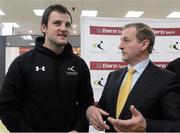 15 February 2013; An Taoiseach Enda Kenny T.D and Donegal footballer Michael Murphy in attendance at an announcement between Elverys Sports and Coaching Ireland. Elverys Sports, Dundrum Town Centre, Dublin. Picture credit: David Maher / SPORTSFILE