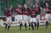 10 April 2003; Longford Town's, Barry Ferguson, (second from left) celebrates after scoring with teammates Alan Kirby, Sean Francis, Eric Lavine, Kieran Foley and Darragh Sheridan. eircom league, Premier Division, Derry City v Longford Town, Brandywell, Derry. Soccer. Picture credit; Damien Eagers / SPORTSFILE *EDI*