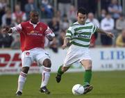 17 April 2003; Jason Colwell, Shamrock Rovers, in action against St. Patrick Athletic's Mbabazi Livingston. eircom League Premier Division, St. Patrick's Athletic v Shamrock Rovers, Richmond Park, Dublin. Soccer. Picture credit; Damien Eagers / SPORTSFILE *EDI*