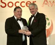 27 April 2003; Des Casey is presented with the Special Merit Award Award by FAI President Milo Corcoran at the eircom / Football Association of Ireland Awards at the Citywest Hotel, Dublin. Soccer. Picture credit; Brendan Moran / SPORTSFILE *EDI*