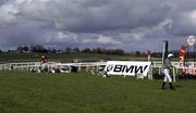 29 April 2003; Jockeys pictured on the ground after the pile up during the Bewleys Hotel And European Breeders Fund national Hunt Fillies Championship Bumper in front of the main stand at Punchestown, Co. Kildare. Horse Racing. Picture credit; Matt Browne / SPORTSFILE *EDI*