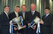 30 April 2003; At a press conference ahead of the Allianz National Football League Division 1 Final between Tyrone and Laois and the Allianz National Hurling League Division 1 Final between Kilkenny and Tipperary next weekend were, from left, Mickey Harte, Tyrone manager, Mick O'Dwyer, Laois manager, Brendan Murphy, Chief Executive, Allianz, Brian Cody, Kilkenny manager, and Liam Sheedy, Tipperary selector. Picture credit; Brendan Moran / SPORTSFILE