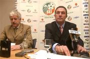 2 May 2003; Fran Rooney pictured during a press conference to announce his appointment as Chief Executive of the FAI with FAI President Milo Corcoran, left. Red Cow Inn, Dublin. Soccer. Picture credit; David Maher / SPORTSFILE *EDI*