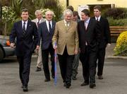 2 May 2003; Chief Executive of the FAI Fran Rooney, second from right, Kevin Fahy, Honorary Secretary FAI, extreme left, David Blood, Vice President FAI, second from left, Milo Corcoran, President FAI and John Delaney, Honorary Treasurer, extreme right, on arrival at the Red Cow Inn, Dublin, for a press conference to announce his appointment. Soccer. Picture credit; David Maher / SPORTSFILE *EDI*