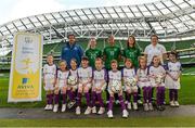 17 February 2013; Mark Russell, Aviva, Republic of Ireland internationals Lauren Dwyer, left, Rianna Jarrett, and Megan Campbell, second from right, and Emma Martin, FAI Women's Programme, with Aviva Soccer Sister participants, from left, Ria Murray, age 7, from Meath, Chloe Lawless, age 9, from Dublin, Zoe Leonard, age 9, from Dublin, Isabelle Carr, age 11, from Meath, Aine Logan, age 10, from Meath, Ellie Burke, age 9, from Meath, Keelin Reddin, age 7, from Meath, Katie Culhane, ae 7, from Dublin, Kacey McGrane, age 9, from Meath, and Amy Hart-Murray, age 9, from Meath in attendance at the launch of the FAI Aviva Soccer Sisters. The highlight of the 2013 programme will be the Aviva Soccer Sisters Easter camps, taking place in over 60 locations around the country and providing over 2,000 girls an opportunity to get involved in football. All of the camps will be overseen by FAI accredited coaches. A full county by county camp breakdown is available on www.fai.ie/soccersisters. Aviva Stadium, Lansdowne Road, Dublin. Picture credit: Brian Lawless / SPORTSFILE