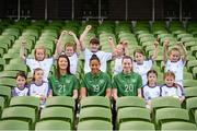 17 February 2013; Republic of Ireland internationals Lauren Dwyer, third from right, Rianna Jarrett, and Megan Campbell, third from left, with Aviva Soccer Sister participants, front row from left, Amy Hart-Murray, age 9, Kacey McGrane, age 9, from Meath, Ria Murray, age 7, from Meath, and Keelin Reddin, age 7, from Meath, back row from left, Katie Culhane, age 7, from Dublin, Ellie Burke, age 9, from Meath, Isabelle Carr, age 11, from Meath, Aine Logan, age 10, from Meath, Zoe Leonard, age 9, from Dublin, and Chloe Lawless, age 9, from Dublin, in attendance at the launch of the FAI Aviva Soccer Sisters. The highlight of the 2013 programme will be the Aviva Soccer Sisters Easter camps, taking place in over 60 locations around the country and providing over 2,000 girls an opportunity to get involved in football. All of the camps will be overseen by FAI accredited coaches. A full county by county camp breakdown is available on www.fai.ie/soccersisters. Aviva Stadium, Lansdowne Road, Dublin. Picture credit: Brian Lawless / SPORTSFILE