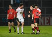 2 February 2013; Referee Barry Cassidy, in conversation with Conor Laverty, Down, Joe Mahon and Matthew Donnelly, Tyrone. Allianz Football League, Division 1, Down v Tyrone, Pairc Esler, Newry, Co. Down. Picture credit: Oliver McVeigh / SPORTSFILE
