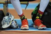 16 February 2013; A view of a triple jump competitors footware and socks during the event. Woodie’s DIY AAI Senior Indoor Championships, Athlone Institute of Technology International Arena, Athlone, Co. Westmeath. Picture credit: Stephen McCarthy / SPORTSFILE