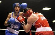 16 February 2013; Kenneth Egan, Neilstown, left, exchanges punches with Davey Joe Joyce, Crumlin, in their 81kg bout. National Elite Boxing Championships, Semi-Finals, National Stadium, Dublin. Picture credit: Pat Murphy / SPORTSFILE