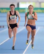 16 February 2013; Kelly Proper, Ferrybank A.C., right, and Leah Moore, Clonliffe Harriers A.C., in action during their women's 60 heat. Woodie’s DIY AAI Senior Indoor Championships, Athlone Institute of Technology International Arena, Athlone, Co. Westmeath. Picture credit: Stephen McCarthy / SPORTSFILE