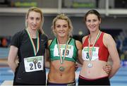 16 February 2013; Kelly Proper, Ferrybank A.C., winner of the women's long jump event with second place Mary McLoone, Tir Chonaill A.C., right, and third place Linzi Herron, City of Lisburn, left. Woodie’s DIY AAI Senior Indoor Championships, Athlone Institute of Technology International Arena, Athlone, Co. Westmeath. Picture credit: Stephen McCarthy / SPORTSFILE