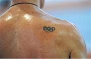 16 February 2013; A view of an olympic rings tattoo on Robert Heffernan, Togher A.C., after he won the men's walk event. Woodie’s DIY AAI Senior Indoor Championships, Athlone Institute of Technology International Arena, Athlone, Co. Westmeath. Picture credit: Stephen McCarthy / SPORTSFILE