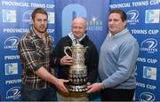 17 February 2013; Bill Duggan, centre, Leinster Rugby, with Sean O'Brien, Leinster and Ireland rugby player, and Ciaran O'Brien, right, Cleaning Contractors, at the Provincial Towns Cup Quarter-Final Draw sponsored by Cleaning Contractors. Tullow RFC, Co. Carlow. Picture credit: Matt Browne / SPORTSFILE