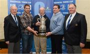 17 February 2013; Bill Duggan, Leinster Rugby, with the Towns Cup and, from left, Paul Deering, Senior Vice President Leinster Rugby, Sean O'Brien, Leinster and Ireland rugby player, Ciaran O'Brien, Cleaning Contractors, and Stuart Bayley, Honorary Secretary Leinster Rugby, at the Provincial Towns Cup Quarter-Final Draw sponsored by Cleaning Contractors. Tullow RFC, Co. Carlow. Picture credit: Matt Browne / SPORTSFILE