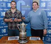 17 February 2013; Leinster and Ireland rugby player Sean O'Brien, left, with Ciaran O'Brien, Cleaning Contractors, at the Provincial Towns Cup Quarter-Final Draw sponsored by Cleaning Contractors. Tullow RFC, Co. Carlow. Picture credit: Matt Browne / SPORTSFILE