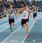 17 February 2013; Jason Harvey, Crusaders A.C., wins the men's 400m final. Woodie’s DIY AAI Senior Indoor Championships, Athlone Institute of Technology International Arena, Athlone, Co. Westmeath. Picture credit: Stephen McCarthy / SPORTSFILE