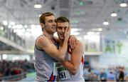 17 February 2013; Jason Harvey, Crusaders A.C., right, is congratulated by Joe Dowling, Dundrum South Dublin A.C., after winning the men's 400m final. Woodie’s DIY AAI Senior Indoor Championships, Athlone Institute of Technology International Arena, Athlone, Co. Westmeath. Picture credit: Stephen McCarthy / SPORTSFILE