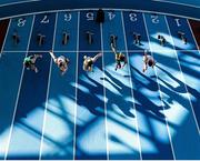 17 February 2013; A view of athletes at the start of a heat of the men's 60m hurdles. Woodie’s DIY AAI Senior Indoor Championships, Athlone Institute of Technology International Arena, Athlone, Co. Westmeath. Picture credit: Stephen McCarthy / SPORTSFILE