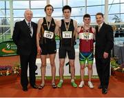 17 February 2013; Ray Colman, Chief Executive of Woodie's DIY and Garden Centres, left, and Ciarán Ó Catháin, President of Athletics Ireland, right, with winner of the men's 800m event Mark English, Letterkenny A.C., centre, second place Darren McGrearty, Letterkenny A.C., 129, and third place Shane Fitzsimons, Mullingar Harriers A.C., right. Woodie’s DIY AAI Senior Indoor Championships, Athlone Institute of Technology International Arena, Athlone, Co. Westmeath. Picture credit: Stephen McCarthy / SPORTSFILE