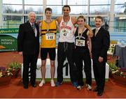 17 February 2013; Ray Colman, Chief Executive of Woodie's DIY and Garden Centres, left, and Ciarán Ó Catháin, President of Athletics Ireland, right, with winner of the men's long jump Adam McMullen, Crusaders A.C., centre, second place David Quilligan, Leevale A.C., 148, and third place Tony Stafford, Menapians A.C., right. Woodie’s DIY AAI Senior Indoor Championships, Athlone Institute of Technology International Arena, Athlone, Co. Westmeath. Picture credit: Stephen McCarthy / SPORTSFILE