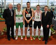 17 February 2013; Ray Colman, Chief Executive of Woodie's DIY and Garden Centres, left, and Ciarán Ó Catháin, President of Athletics Ireland, right, with winner of the men's 200m event Brian Gregan, Clonliffe Harriers A.C., centre, second place Jamie Davis, Rahney Shamrock A.C., 125, and third place Kieran Elliot, North Sligo A.C., right. Woodie’s DIY AAI Senior Indoor Championships, Athlone Institute of Technology International Arena, Athlone, Co. Westmeath. Picture credit: Stephen McCarthy / SPORTSFILE