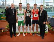 17 February 2013; Ray Colman, Chief Executive of Woodie's DIY and Garden Centres, left, and Ciarán Ó Catháin, President of Athletics Ireland, right, with winner of the men's 60m event Keith Pike, Clonliffe Harriers A.C., centre, second place Jamie Davis, Raheny Shamrock A.C., 125, and third place David O'Shea, Dooneen A.C., right. Woodie’s DIY AAI Senior Indoor Championships, Athlone Institute of Technology International Arena, Athlone, Co. Westmeath. Picture credit: Stephen McCarthy / SPORTSFILE