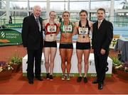 17 February 2013; Ray Colman, Chief Executive of Woodie's DIY and Garden Centres, left, and Ciarán Ó Catháin, President of Athletics Ireland, right, with winner of the women's 60m event Kelly Proper, Ferrybank A.C., centre, second place Louise Kiernan, Fingallians A.C., left, and third place Leah Moore, Clonliffe Harriers A.C., right. Woodie’s DIY AAI Senior Indoor Championships, Athlone Institute of Technology International Arena, Athlone, Co. Westmeath. Picture credit: Stephen McCarthy / SPORTSFILE