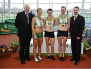 17 February 2013; Ray Colman, Chief Executive of Woodie's DIY and Garden Centres, left, and Ciarán Ó Catháin, President of Athletics Ireland, right, with winner of the women's 800m event Ciara Everard, UCD A.C., centre, second place Siobhan Eviston, Raheny Shamrock A.C., left, and third place Roseanne Galligan, Newbridge A.C., right. Woodie’s DIY AAI Senior Indoor Championships, Athlone Institute of Technology International Arena, Athlone, Co. Westmeath. Picture credit: Stephen McCarthy / SPORTSFILE