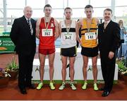 17 February 2013; Ray Colman, Chief Executive of Woodie's DIY and Garden Centres, left, and Ciarán Ó Catháin, President of Athletics Ireland, right, with winner of the men's 3000m event John Travers, Donore Harriers A.C., centre, second place Conor Bradley, City of Derry, left, and third place Mark Hanrahan, Leevale A.C., 141. Woodie’s DIY AAI Senior Indoor Championships, Athlone Institute of Technology International Arena, Athlone, Co. Westmeath. Picture credit: Stephen McCarthy / SPORTSFILE
